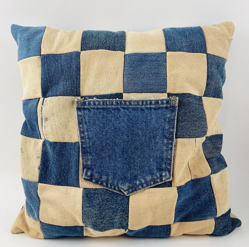 Denim Pillow Cotton Washed Blue Yellow White Decorative Punk Y2K Grunge Pocket